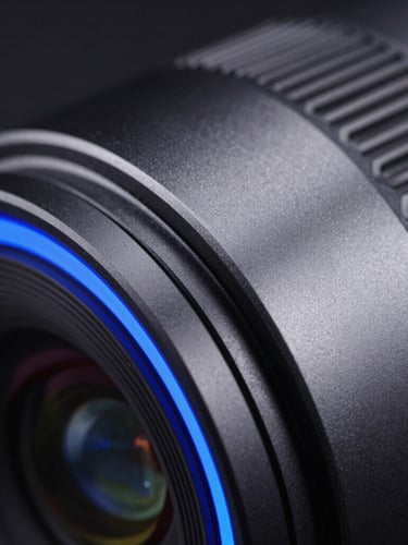 Macro close-up of premium dark aluminum alloy chassis, sharp metallic edges catching electric blue studio rim light, clean industrial design details