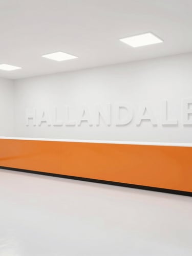 Clean, minimalist Hallandale showroom interior, bright indirect light, empty and ready for appointment, wide angle, sharp details.