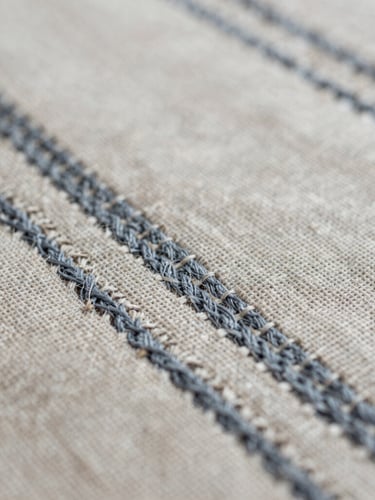 Detailed macro photography of historic silk tapestry weave under diffused natural side-lighting, muted linen and slate tones, shallow depth of field, 35mm