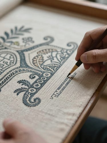 Macro photograph of a technician examining an intricate historic tapestry weave under diffused natural light, shallow depth of field, 35mm