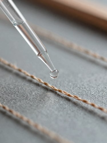 Detailed macro photography of raw linen threads being tested in a laboratory, a single glass pipette dispensing a micro-droplet of clear solvent, muted slate and copper tones, shallow depth of field, 35mm.