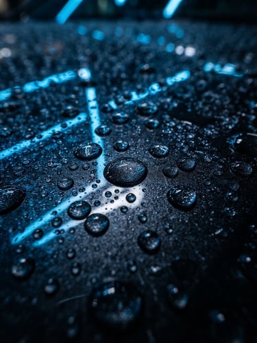 Extreme close-up of water beading on a freshly waxed dark metallic car hood, neon blue lighting reflections, dark high-contrast automotive photography, sharp macro detail