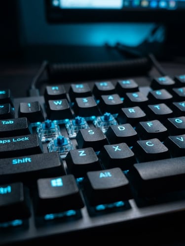 Macro shot of mechanical keyboard glowing under neon blue ambient office light, shallow depth of field, high-tech performance aesthetic