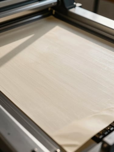 Extreme close-up of a screen-printing press in a workshop interior, north-facing daylight streaming across a freshly inked plate, ink texture and paper grain visible in sharp detail, warm cream paper tone