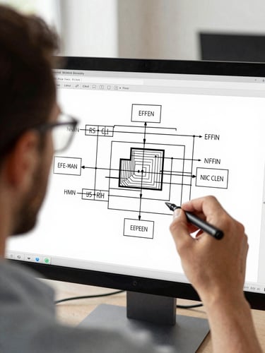 Macro over-the-shoulder perspective of an engineer analyzing a clean, high-contrast system architecture diagram on a monitor, neutral office daylight, sharp focus on blueprint lines.