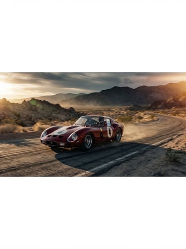 Wide panoramic shot of a vintage Ferrari 250 GTO in motion on a desolate desert road at golden hour, low-angle, high-contrast shadows, moody atmospheric haze, 35mm anamorphic, bleeding to the right edge.