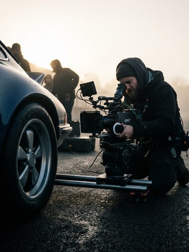 Behind-the-scenes shot of a filmmaker operating a high-end cinema camera, low angle, focused on the rear wheel of a classic sports car at dawn, dramatic backlighting, atmospheric haze, 35mm anamorphic.