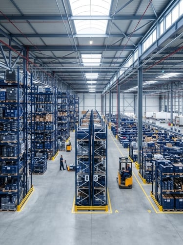 Wide environmental shot of a clean, brightly lit commercial distribution center, organized pallets of industrial supplies, deep navy and cool tones, crisp commercial photography, bright even daylight.