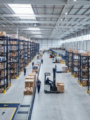 Wide environmental shot of an organized logistics hub, clean warehouse aisles, bright professional daylight, deep navy and cool tones.