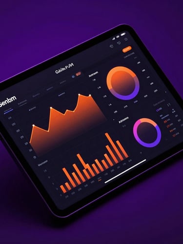 Sleek dark-mode digital photography, high-contrast tech aesthetic, a modern tablet showing glowing marketing metrics and analytics charts, electric purple backlight