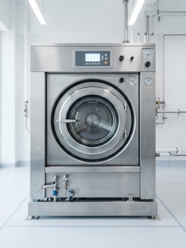 Straight-on architectural shot of a high-capacity stainless steel commercial washing machine, bright high-key daylight, clean white surfaces, clinical precision.