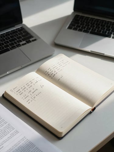 Close wide shot of a research desk from above — open notebook with handwritten annotations beside a laptop, a printed journal article with margin notes, cool north-facing daylight raking across the surface, minimal depth of field on the paper texture