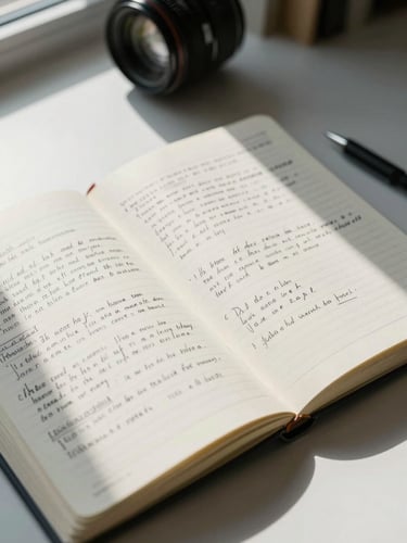 Close-up of open research notebooks with handwritten annotations on a clean desk, cool north-facing daylight from the left, pages filled with dense marginal notes and highlighted passages