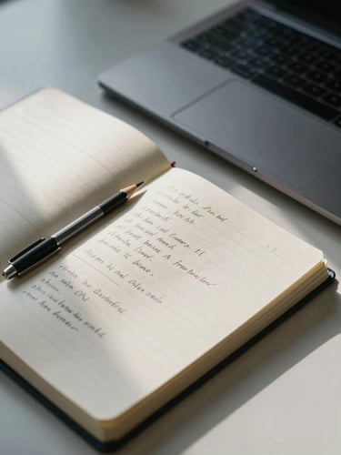 Close-up of a research desk from above — open notebook with handwritten annotations beside a slim laptop, cool north-facing daylight casting soft shadows across the pages, a mechanical pencil resting on the margin notes