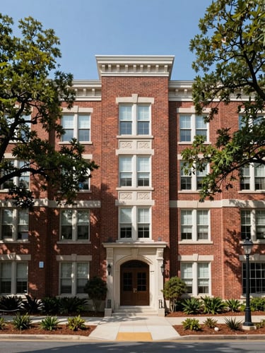 Straight-on architectural elevation of a classic brick apartment building in Charlotte under bright midday Southern sun, mature oak trees framing the sides, clear blue sky, clean modern landscaping.
