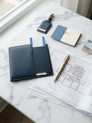 A sharp, professional overhead flat-lay of premium travel documents, a gold pen, and architectural blueprints on a clean marble surface, bright natural daylight