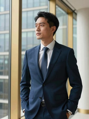 A sharp, professional medium-close portrait of a confident global executive looking out of a high-rise office window in London, bright natural daylight, 35mm lens