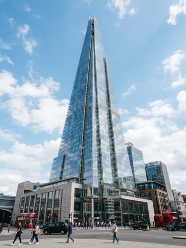Wide angle architectural view of a modern glass skyscraper in London, sharp focus, bright natural daylight, corporate blue tint