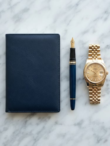 Overhead flat-lay of a dark blue passport, luxury fountain pen, and gold watch on a polished marble desk, bright natural daylight, architectural focus