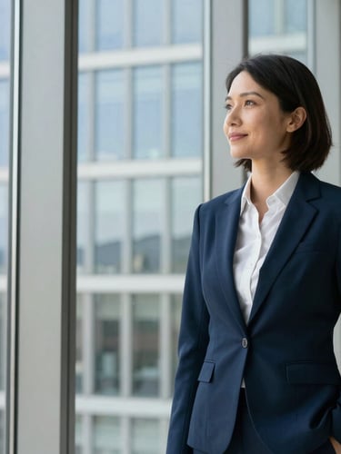 A confident professional global citizen looking out of a high-rise window in Zurich, soft natural side-light, editorial corporate portrait