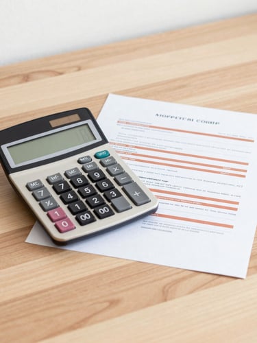 Minimalist financial photography of a clean wooden desk with a financial calculator showing precise numbers, a printed property contract with key tax figures highlighted in terracotta orange, soft natural office light, 35mm