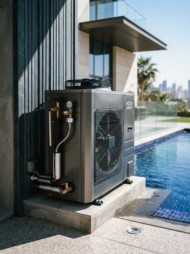 Close-up of a premium outdoor pool heat pump installation at a modern Dubai villa, sleek metallic casing, sharp architectural shadows, bright desert sunlight