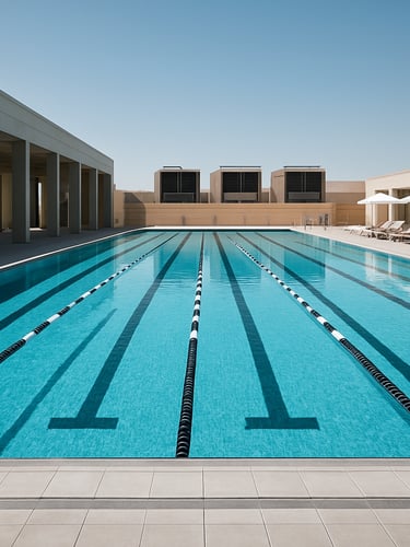 Large commercial Olympic-sized outdoor swimming pool at a premium resort in Abu Dhabi, bright daylight, heavy-duty industrial heat pump units partially visible in background