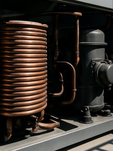 Close-up shot of heavy-duty copper coils and industrial compressor units inside a Zivah chiller, sharp architectural shadows, bright metallic textures.