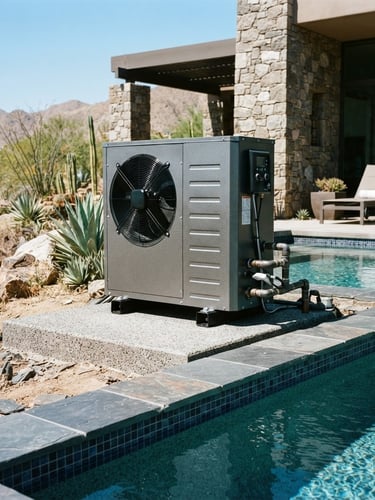 Sharp industrial photography of a premium pool heat pump unit installed next to a luxury villa swimming pool, bright desert sunlight, high-contrast slate tones, 35mm