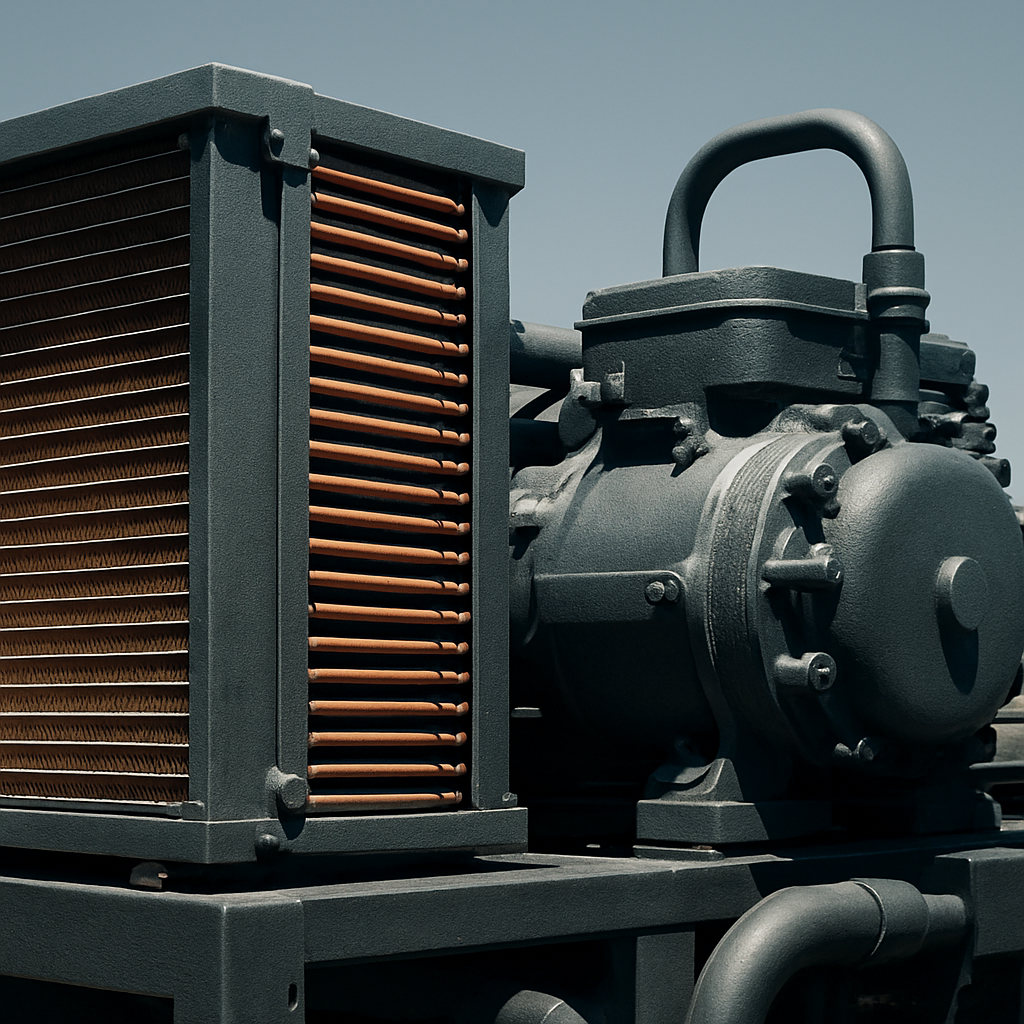 Close-up of industrial copper microchannel coils and heavy-duty compressor unit under bright desert sunlight, high-contrast slate tones, 35mm.