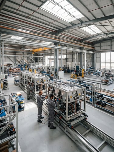 Wide-angle industrial shot of the Zivah manufacturing floor in Dubai, bright warehouse lighting reflecting off metallic chiller frames, clean technical assembly line.