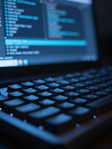 Macro close-up of a mechanical keyboard and a high-resolution screen displaying active security terminal scripts, cool blue ambient glow, shallow depth of field, 35mm