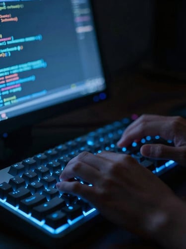 Close-up of hands typing on a mechanical keyboard in a dark room, illuminated only by the cool blue glow of a code terminal showing security logs, shallow depth of field, 35mm