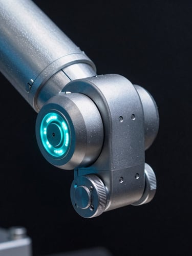 Macro close-up of an articulated robotic arm joint, metallic textures, glowing electric cyan and green diagnostic LEDs, obsidian background, high-contrast cool-toned illumination.