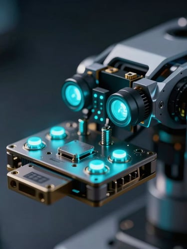 Macro close-up of a high-fidelity robotics hardware interface, glowing cyan status lights, low-key cool-toned ambient lighting, dark background