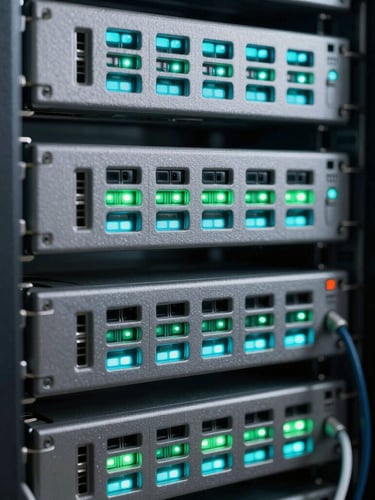 Macro shot of server rack cabling with cool cyan and emerald status lights, high contrast, clean industrial tech aesthetic