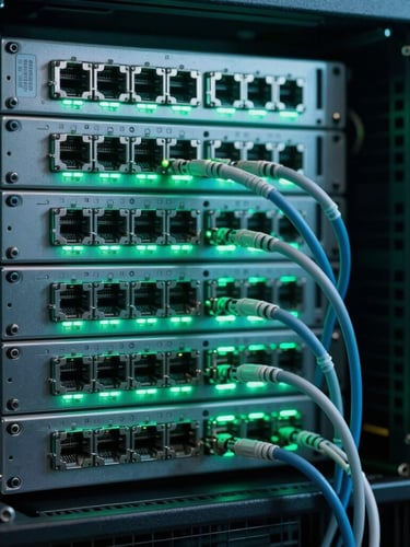 Macro shot of a high-fidelity server rack in a secure data center, glowing cool cyan and deep green ambient light, sharp focus on modern network cabling.