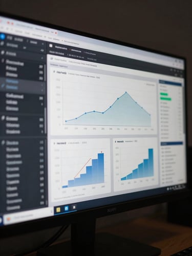 Wide environmental shot of a performance marketing dashboard on a large monitor in a dark studio, metrics and ROAS charts visible mid-analysis, north-light documentary style, screen glow the only illumination, tight crop on the monitor surface filling the frame edge to edge