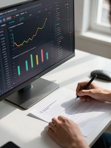Close-up overhead view of a live marketing dashboard on a dark monitor, campaign metrics and attribution charts visible mid-analysis, a strategist's hand annotating a printed brief beside the screen, north-light from a window casting clean shadows across the workspace