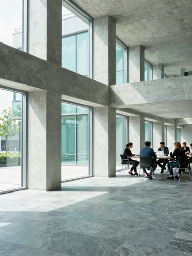 Clean bright architectural interior with structured concrete lines and glass windows, daylight streaming in, modern collaborative workspace in the background with people working around a table, cool slate and teal tones.