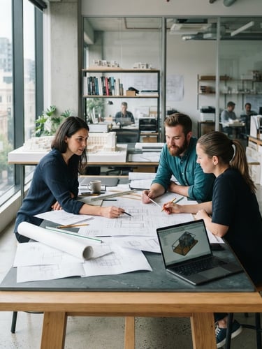 Clean architectural workspace with natural daylight, a collaborative table with blueprints and documents, cool slate and teal tones, sharp focus, 35mm lens