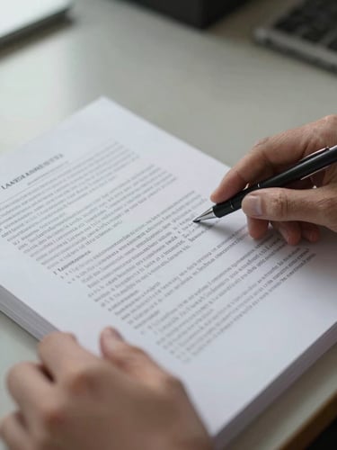 Close-up of hands turning through pages of a legal case file on a desk, stamped form visible at the top, natural daylight from the left, muted neutral tones, shallow focus on document text