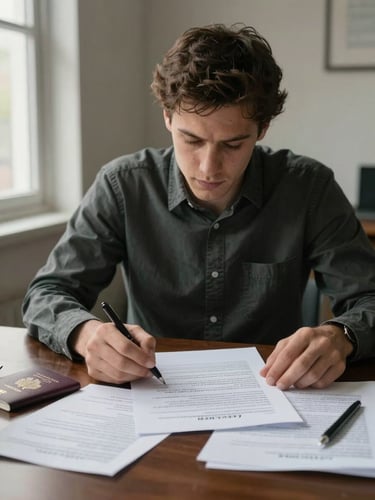 Medium shot of Jonathan's hands reviewing a legal document at his desk, passport and stamped forms visible nearby, natural window light from the left, controlled neutral background, documentary framing