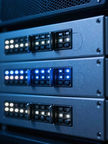 Macro shot of clean server rack interfaces with flashing status LEDs, cool blue tones, sharp focus, 35mm