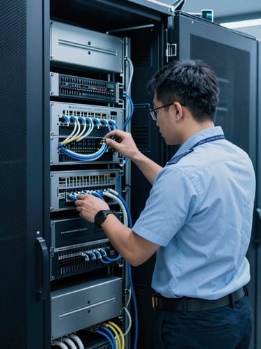 Professional network engineers in technical uniforms configuring structured cabling in a clean Singapore server room, cool blue lighting.