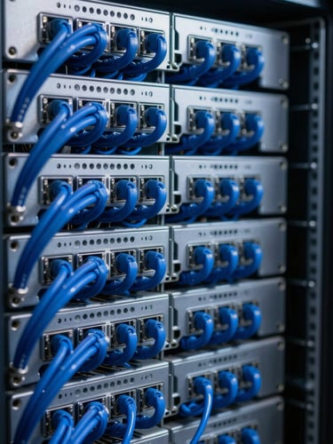 Macro technical photography of perfectly organized server racks, immaculate blue and silver labeled cables, cool LED lighting, sharp focus, 35mm