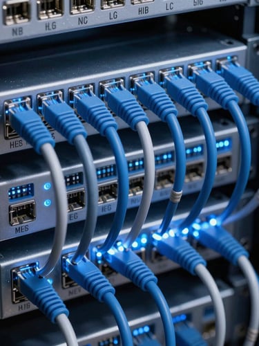 Macro shot of structured cabling in a server rack, crisp blue and silver ethernet cables perfectly routed and labeled, cool LED lighting, 35mm focus