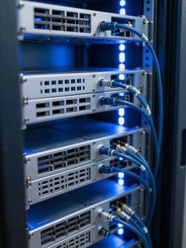Macro shot of immaculate server rack cabling under cool blue LED light, sharp focus, technical precision.