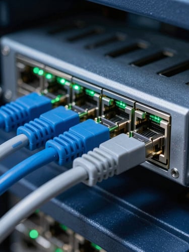 Macro photograph of a clean server rack interface, neat blue and silver ethernet cables plugged into a switch with glowing green LED status lights, sharp focus, technical blueprint aesthetic