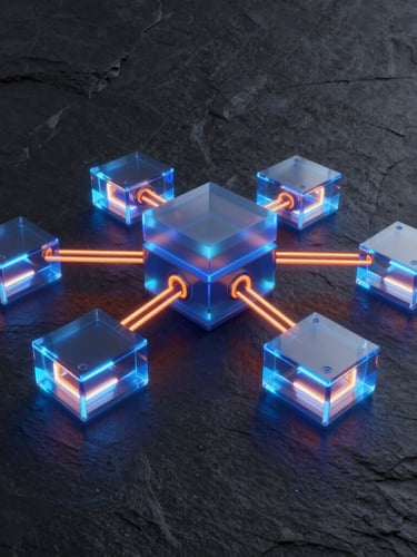 Futuristic 3D render of modular glowing tech blocks connecting, dark slate background, neon blue and orange light paths, octane render
